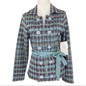SHU SHU Women Double Breasted Belted Knit Jacket Blue Multi Geometric Size M NEW